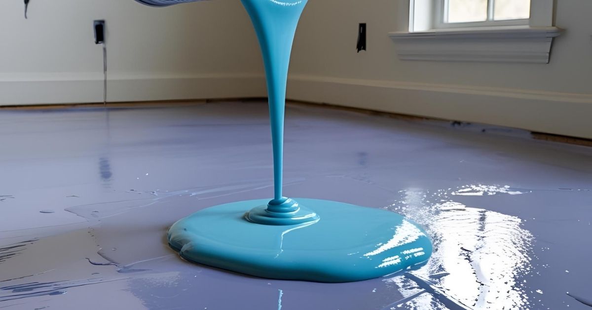 Cat epoxy lantai biru muda dari Foxapaint sedang dituangkan di atas permukaan lantai yang sudah dilapisi cat epoxy abu-abu muda, menunjukkan proses jual cat epoxy lantai untuk menciptakan lapisan lantai yang kuat dan tahan lama