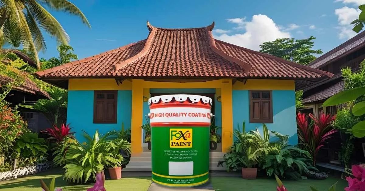 Rumah tropis Indonesia dicat dengan kombinasi warna hijau kebiruan dan oranye dari Foxapaint – solusi cat tembok tahan cuaca dan ekonomis