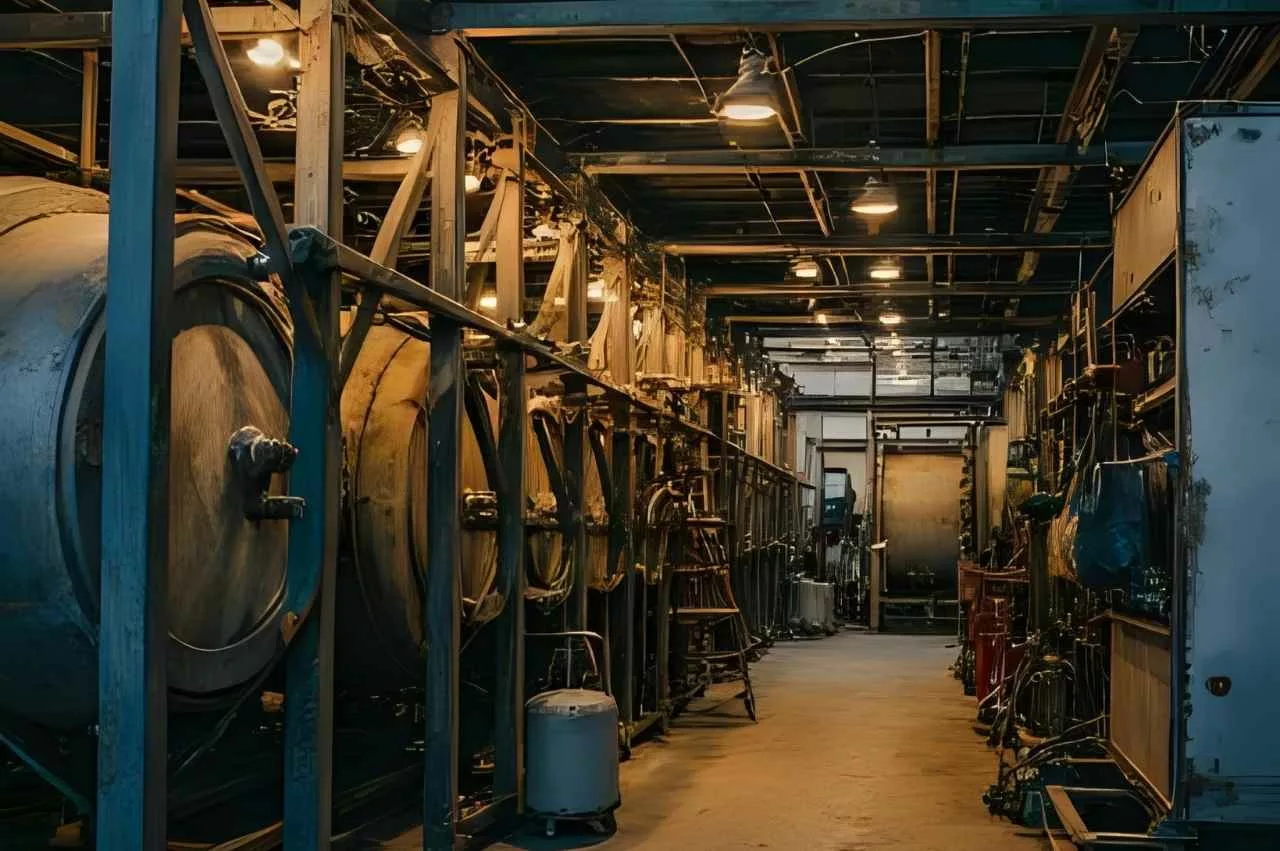 Area pabrik dengan struktur baja dan tangki logam yang membutuhkan pelapisan cat anti karat Foxapaint.