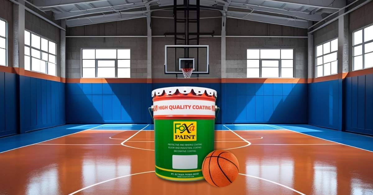 Kaleng cat Foxapaint di tengah lapangan basket indoor berwarna oranye dan biru mengkilap, dengan bola basket dan latar belakang ring basket dalam ruangan.