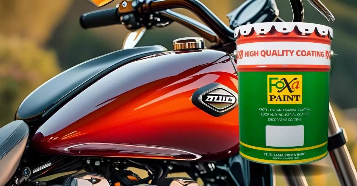 Cat motor mengkilap berwarna merah yang sudah dicat menggunakan produk Foxapaint, menampilkan hasil akhir premium dan kaleng cat Foxapaint sebagai pilihan jual cat motor berkualitas.