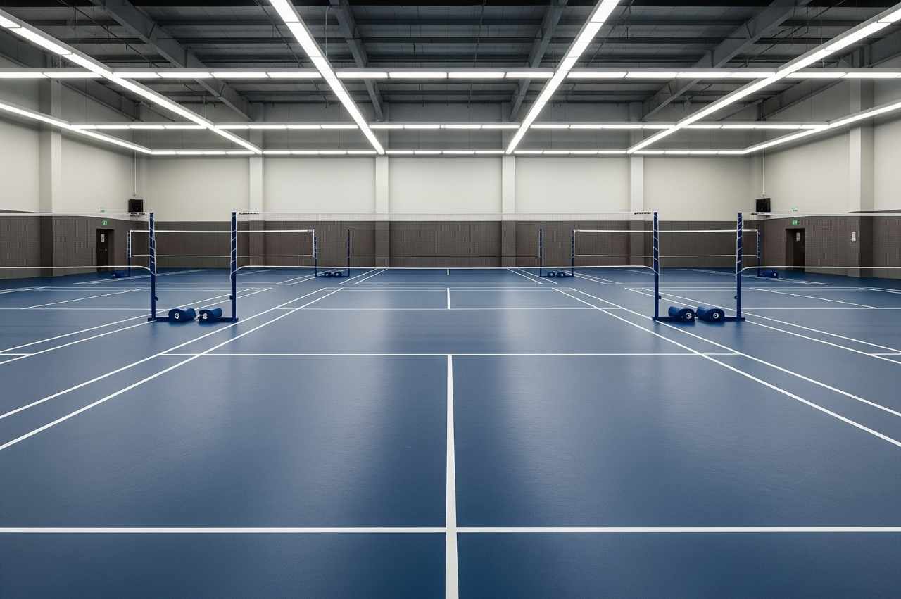 Lapangan badminton biru mulus dan profesional dengan cat Foxapaint.