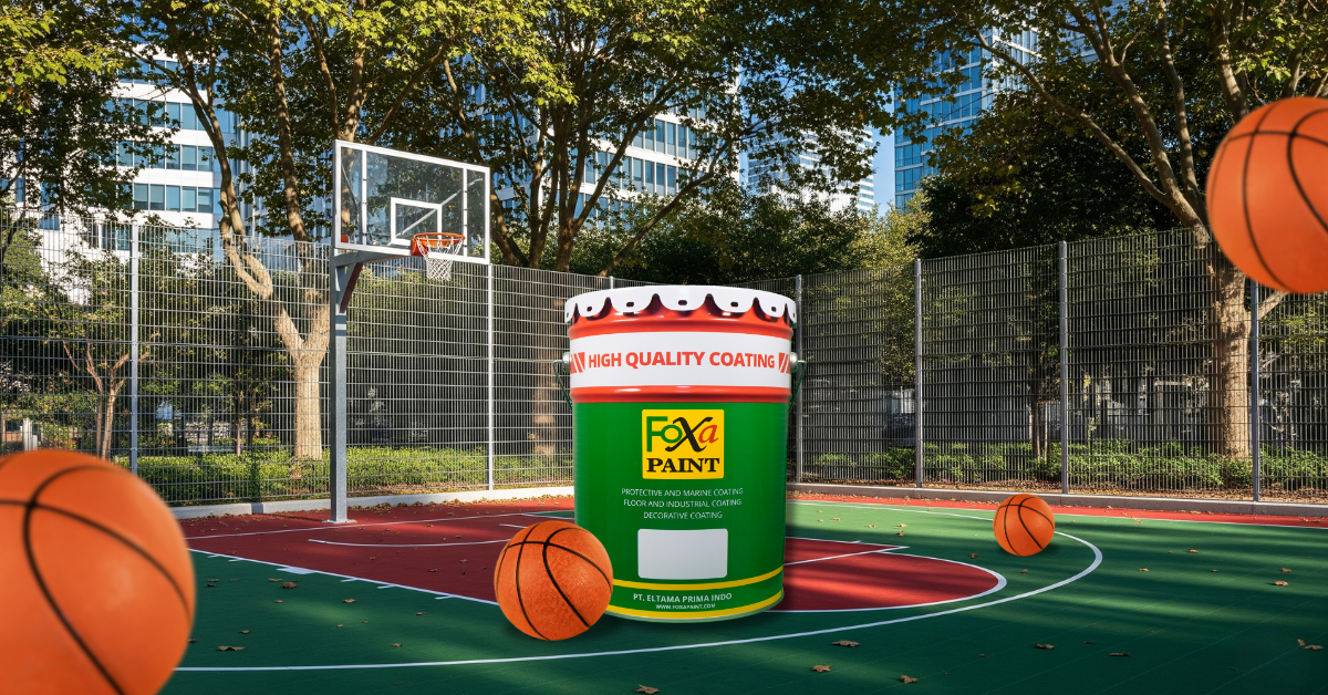 Sebuah lapangan basket outdoor dengan cat akrilik merah dan hijau, papan ring transparan, dan dikelilingi pagar kawat di tengah taman perkotaan yang cerah.