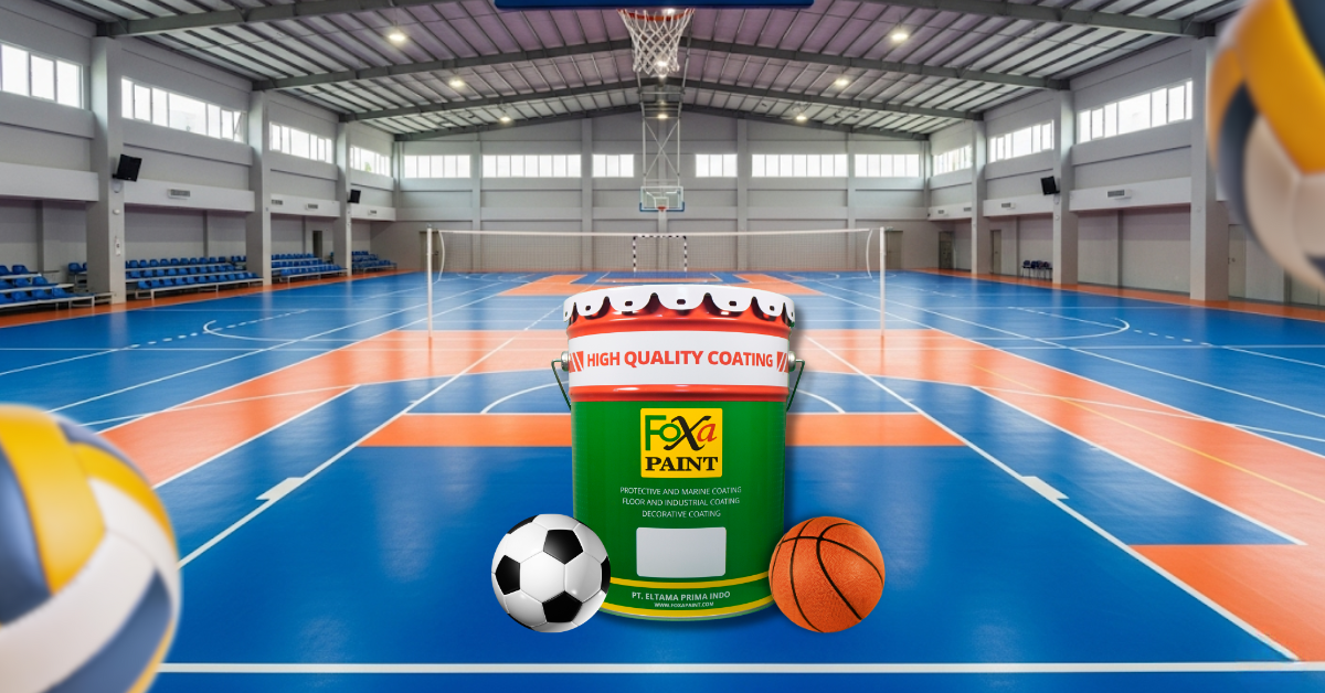 Gedung olahraga (GOR) serbaguna dengan lantai vinyl atau PU yang mengkilap berwarna biru dan oranye, dilengkapi garis lapangan multifungsi untuk basket, voli, dan badminton. Aula yang luas dan bersih dengan pencahayaan LED yang terang.