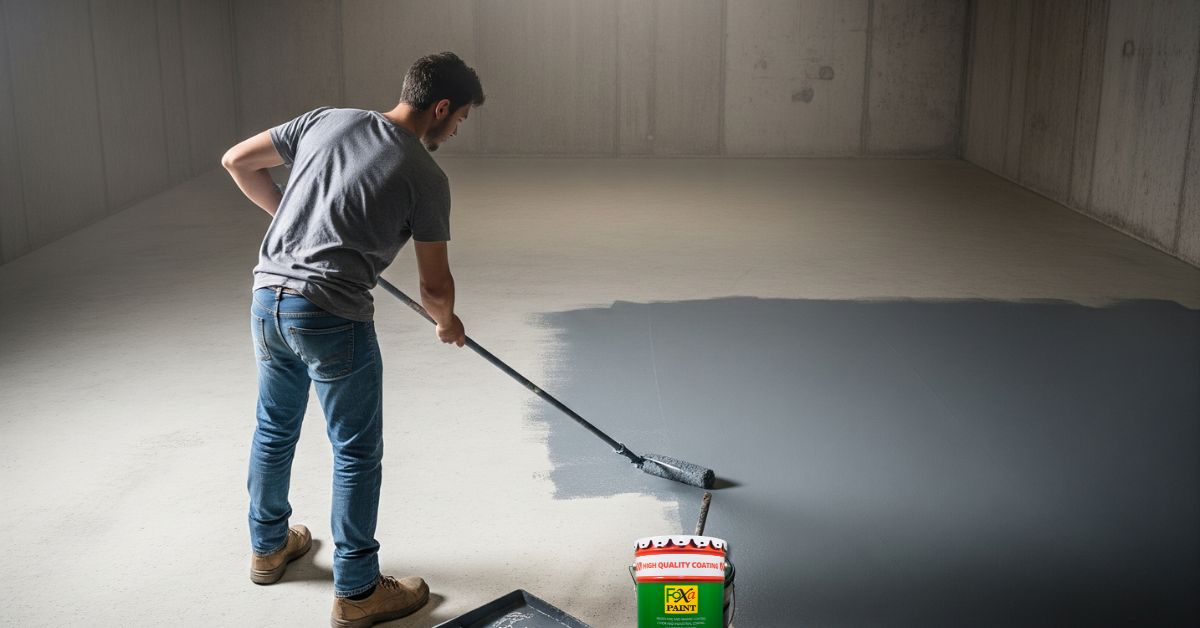 mengaplikasikan cat semen epoxy warna abu-abu pada lantai beton menggunakan roller, dengan kaleng cat Foxapaint di depan area pengecatan.