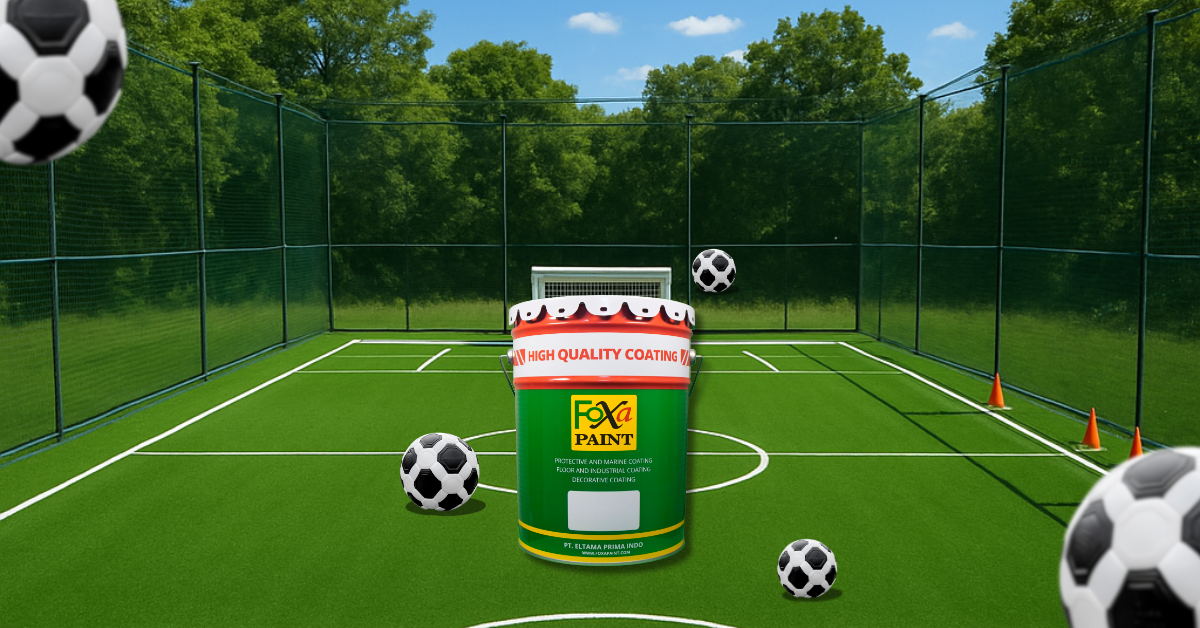 Lapangan mini soccer outdoor dengan rumput sintetis hijau cerah dan garis putih yang dicat rapi. Terdapat gawang kecil dengan jaring putih di ujung lapangan dan beberapa kerucut oranye di sisi kanan. Lapangan dikelilingi pagar jaring hijau tinggi, dengan latar belakang pepohonan dan langit biru cerah.