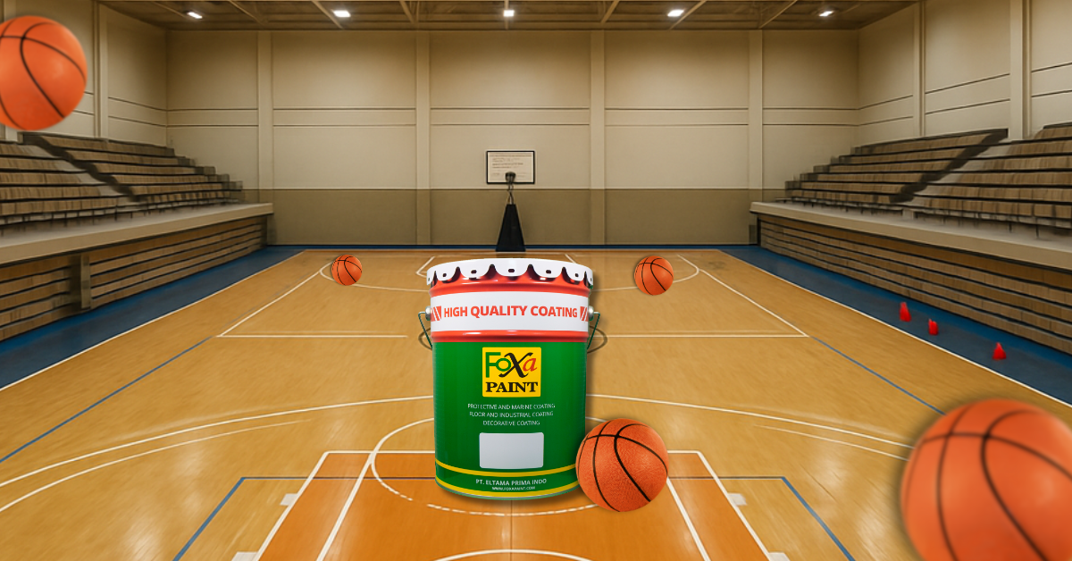 Lapangan indoor di dalam GOR dengan lantai kayu mengkilap, garis-garis lapangan multi-cabang seperti basket dan voli yang dicat rapi. Terdapat tribun penonton bertingkat di kedua sisi, pencahayaan terang dari lampu atap industri, dan suasana tampak tenang serta tertata rapi.