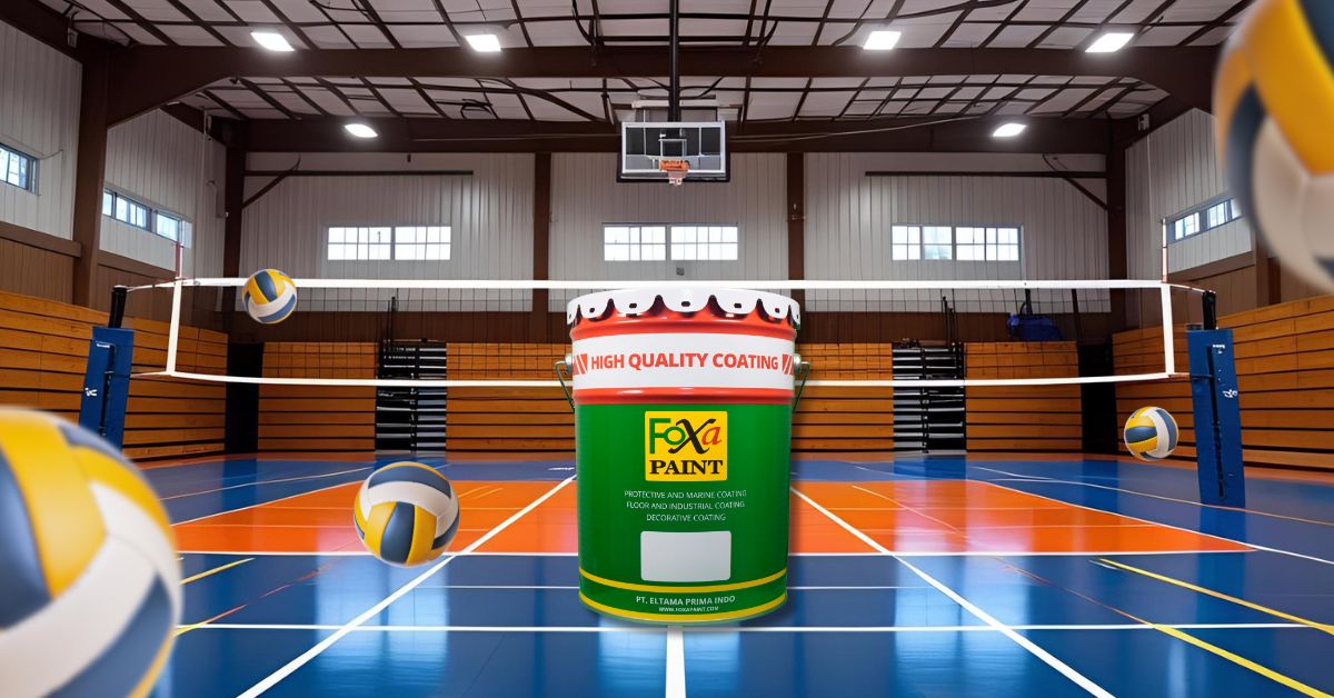 Kaleng cat lapangan olahraga Foxapaint di tengah lapangan voli dan basket indoor