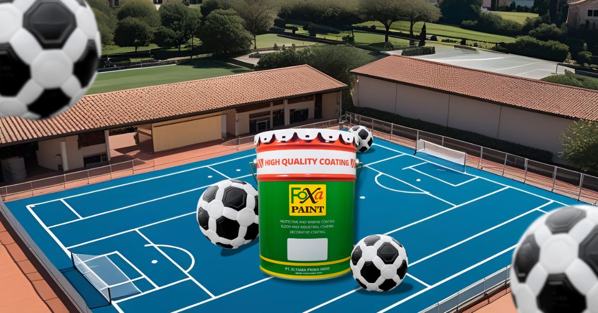 Kaleng cat lapangan futsal outdoor FoxaPaint di tengah lapangan futsal berwarna biru cerah, menunjukkan hasil akhir cat yang berkualitas untuk area olahraga.
