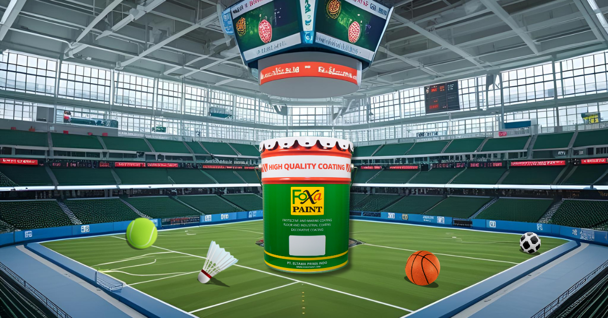 Gambar lapangan arena komersial berwarna hijau cerah yang baru dicat, dengan satu kaleng cat di tengahnya, dikelilingi oleh bola basket, bola sepak, bola tenis, dan shuttlecock, menunjukkan cat ini cocok untuk lapangan arena komersial