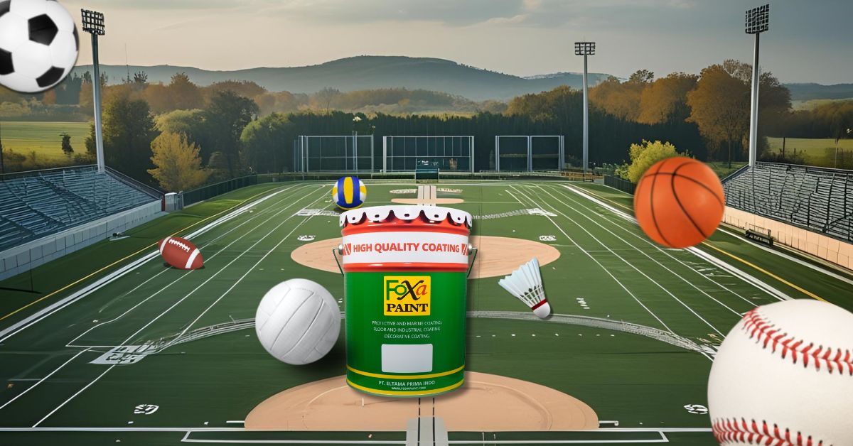 Kaleng cat lapangan outdoor Foxa Paint di tengah lapangan olahraga multifungsi, dikelilingi oleh bola basket, bola voli, bola sepak, baseball, dan shuttlecock, menunjukkan cat berkualitas untuk semua jenis lapangan