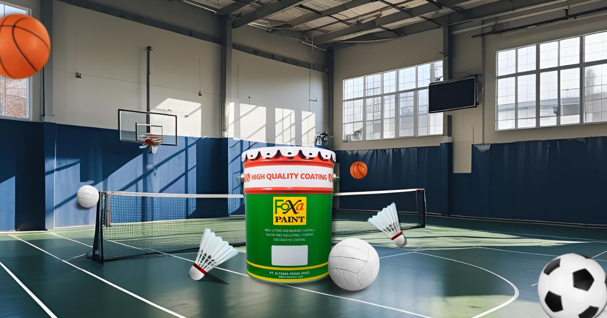 Ilustrasi visual cat berkualitas tinggi Foxapaint untuk pengecatan lantai lapangan olahraga dalam ruangan.