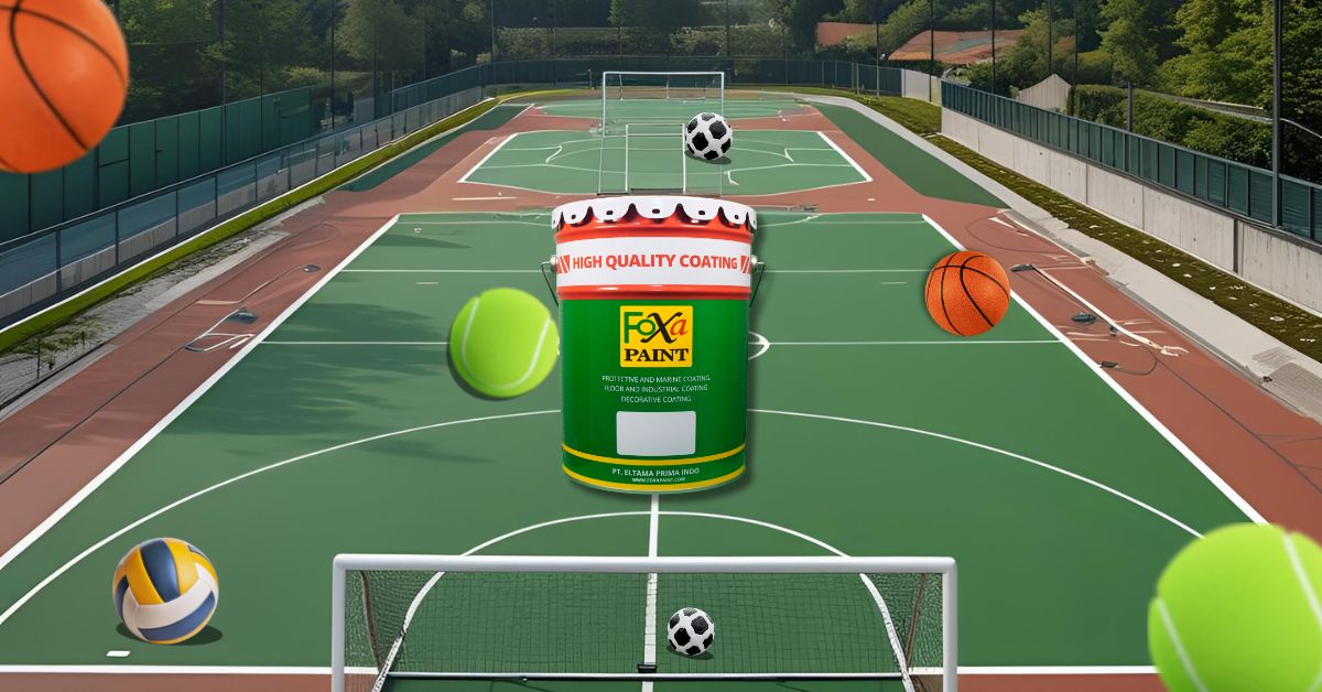 Kemasan cat lapangan multifungsi merek Foxapaaint di tengah lapangan olahraga serbaguna