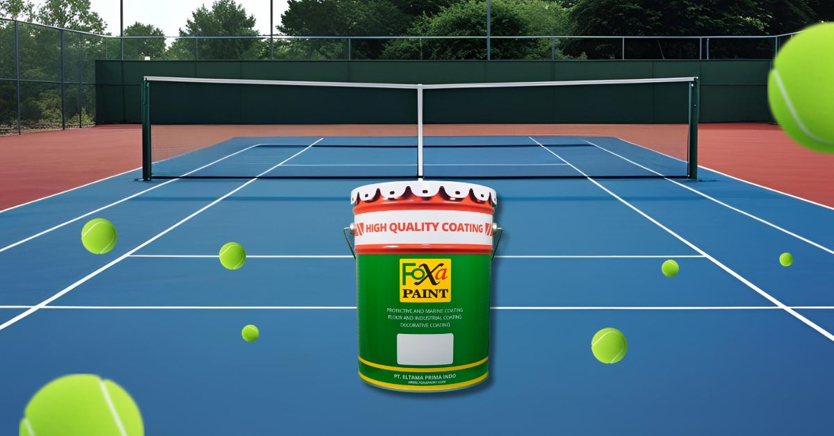ontoh aplikasi cat lapangan tenis outdoor berkualitas tinggi merek Foxapaint pada lapangan berwarna biru dan area luar berwarna merah