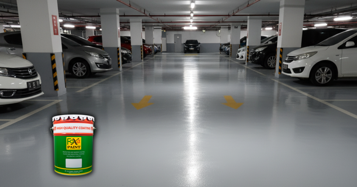 Permukaan lantai parkiran di basement yang halus dan bersih dengan lapisan cat lantai epoxy heavy-duty.
