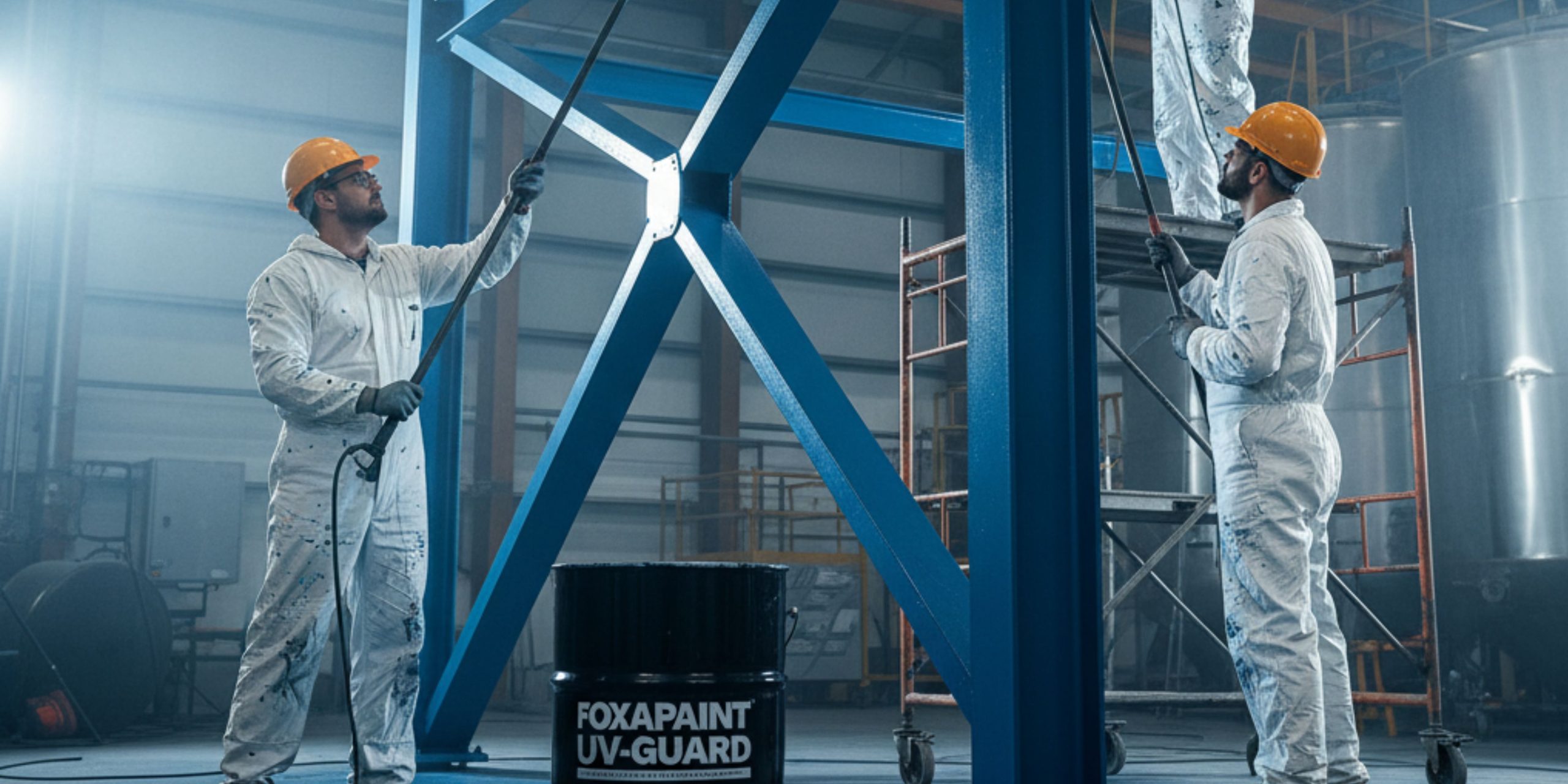 "Pekerja mengecat struktur baja pabrik menggunakan cat industri anti-UV."