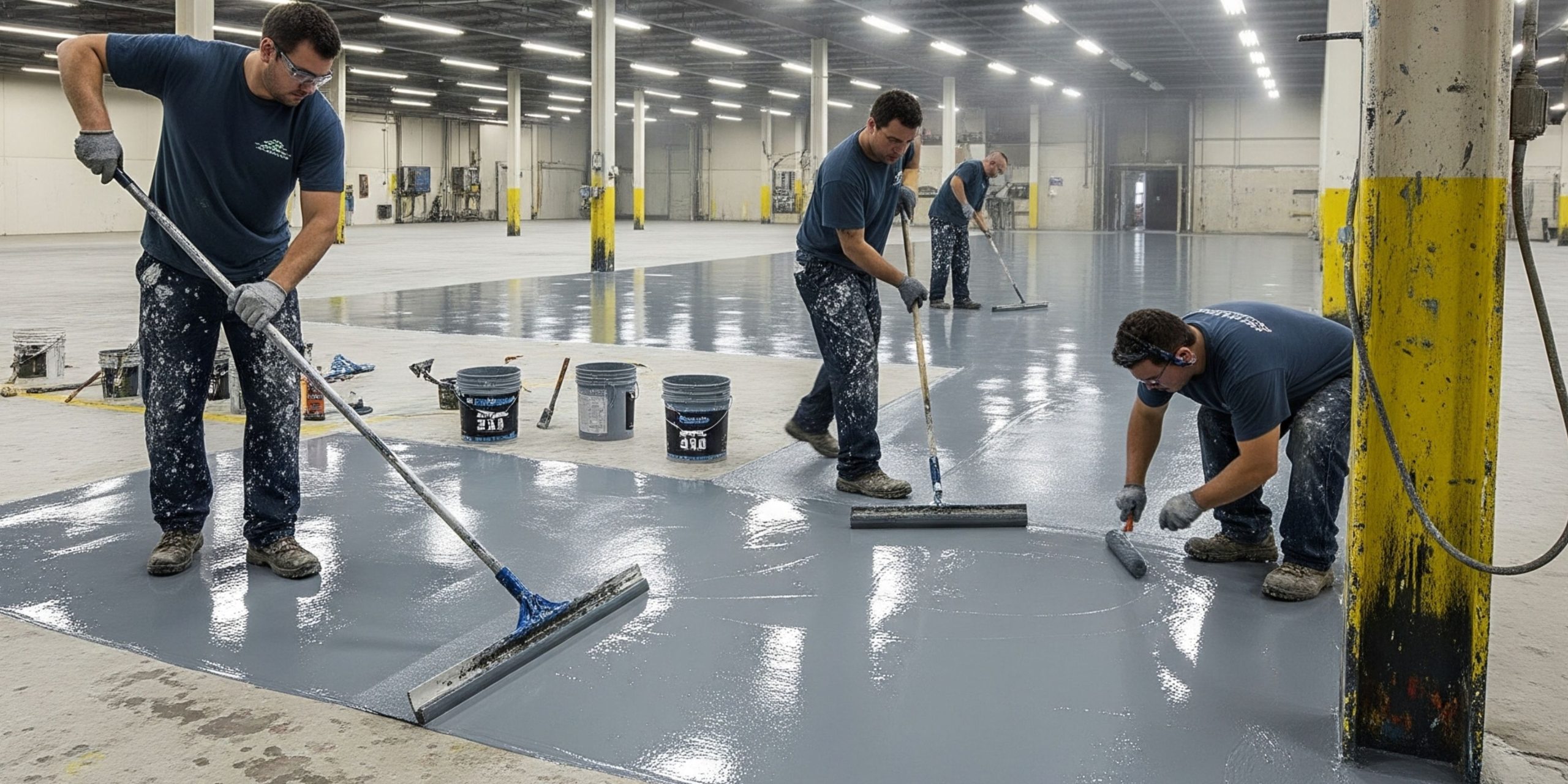 Pekerja mengaplikasikan cat epoksi untuk lantai pabrik agar tahan gesekan.