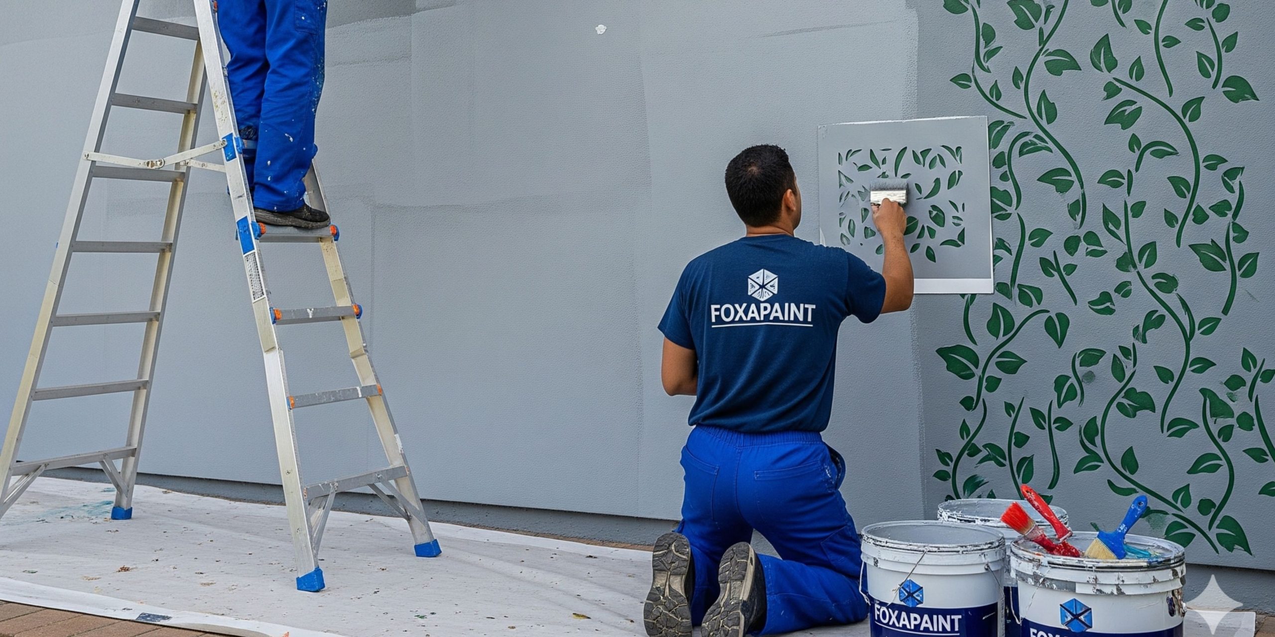 Pekerja sedang mengaplikasikan cat dekoratif pada dinding rumah.