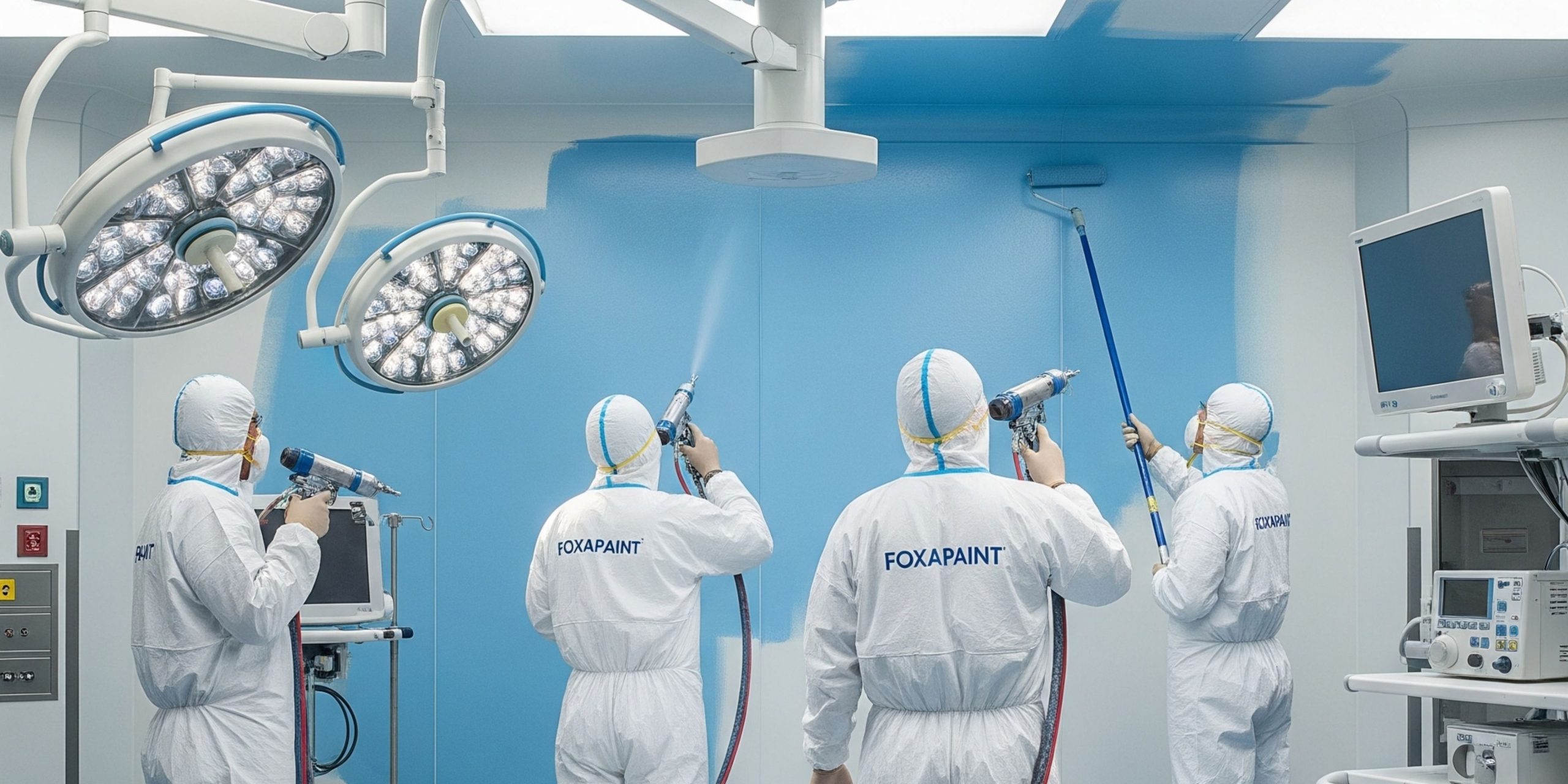 Tim aplikator profesional Foxapaint menggunakan peralatan modern untuk melapis dinding ruang operasi rumah sakit.