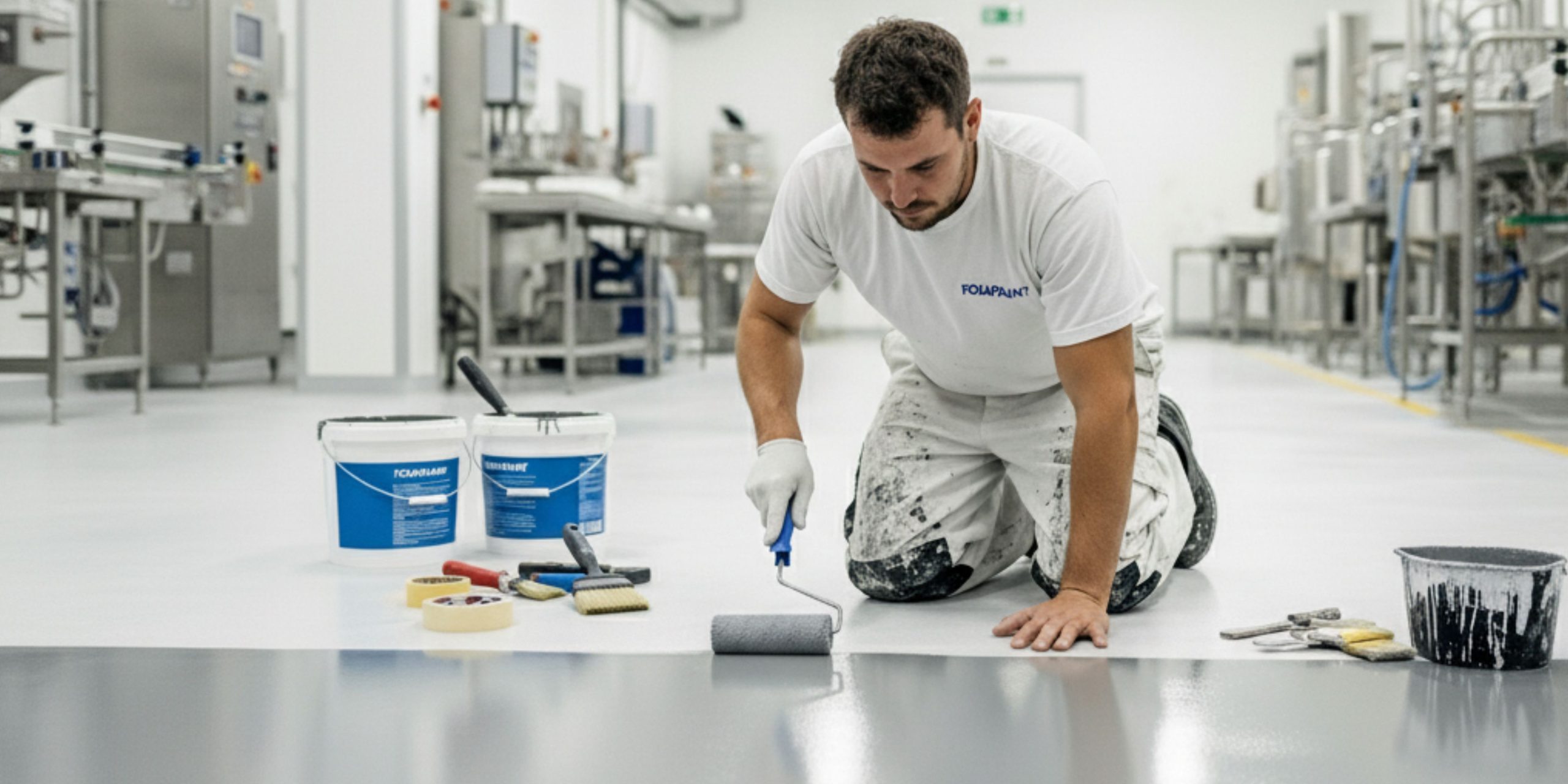 Kontraktor pengecatan profesional FOXAPAINT mengaplikasikan cat epoxy food grade pada lantai pabrik makanan, memastikan ketahanan dan keamanan.