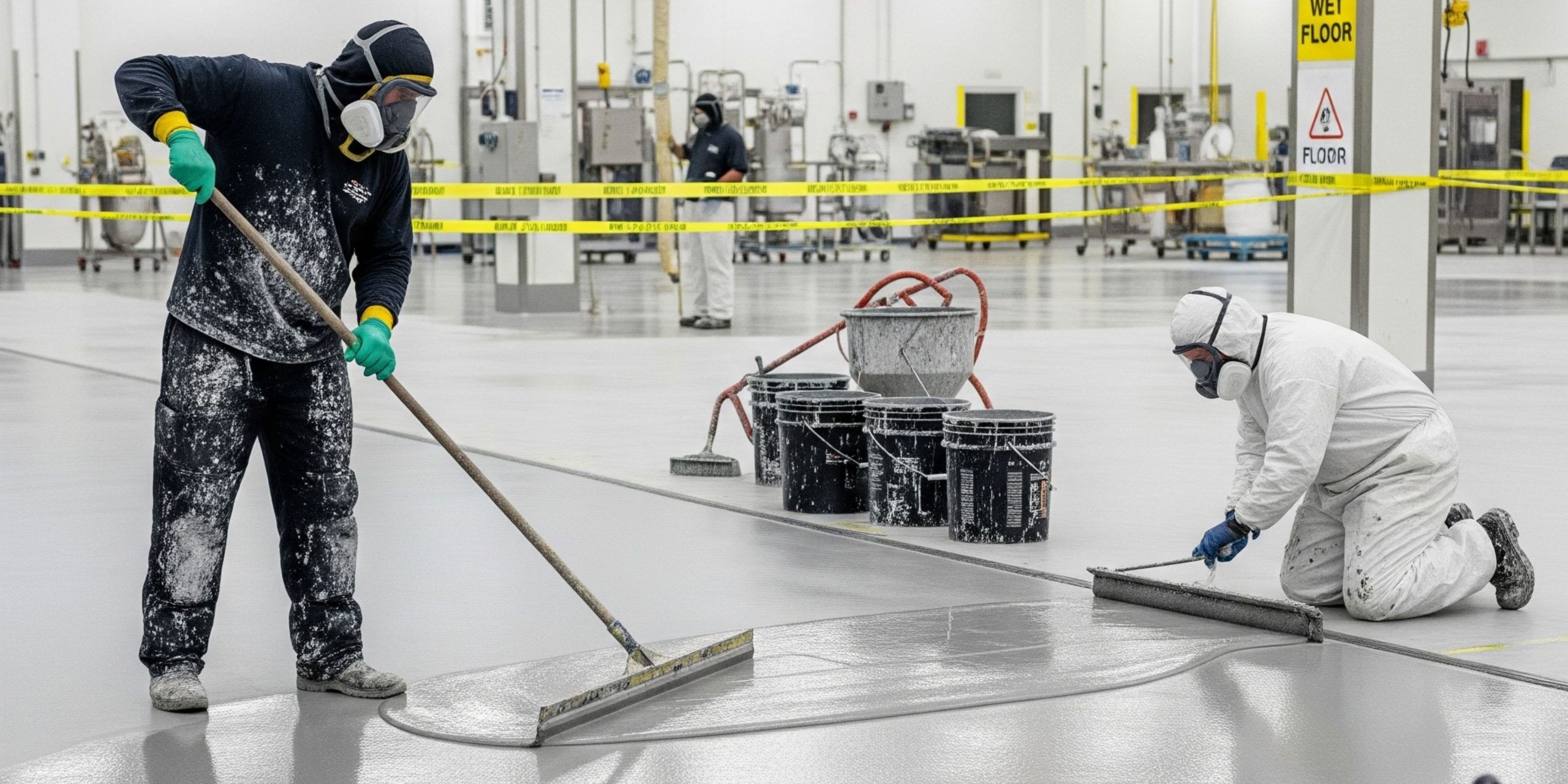 Pekerja mengaplikasikan pelapis beton tahan bahan kimia untuk lantai pabrik farmasi.
