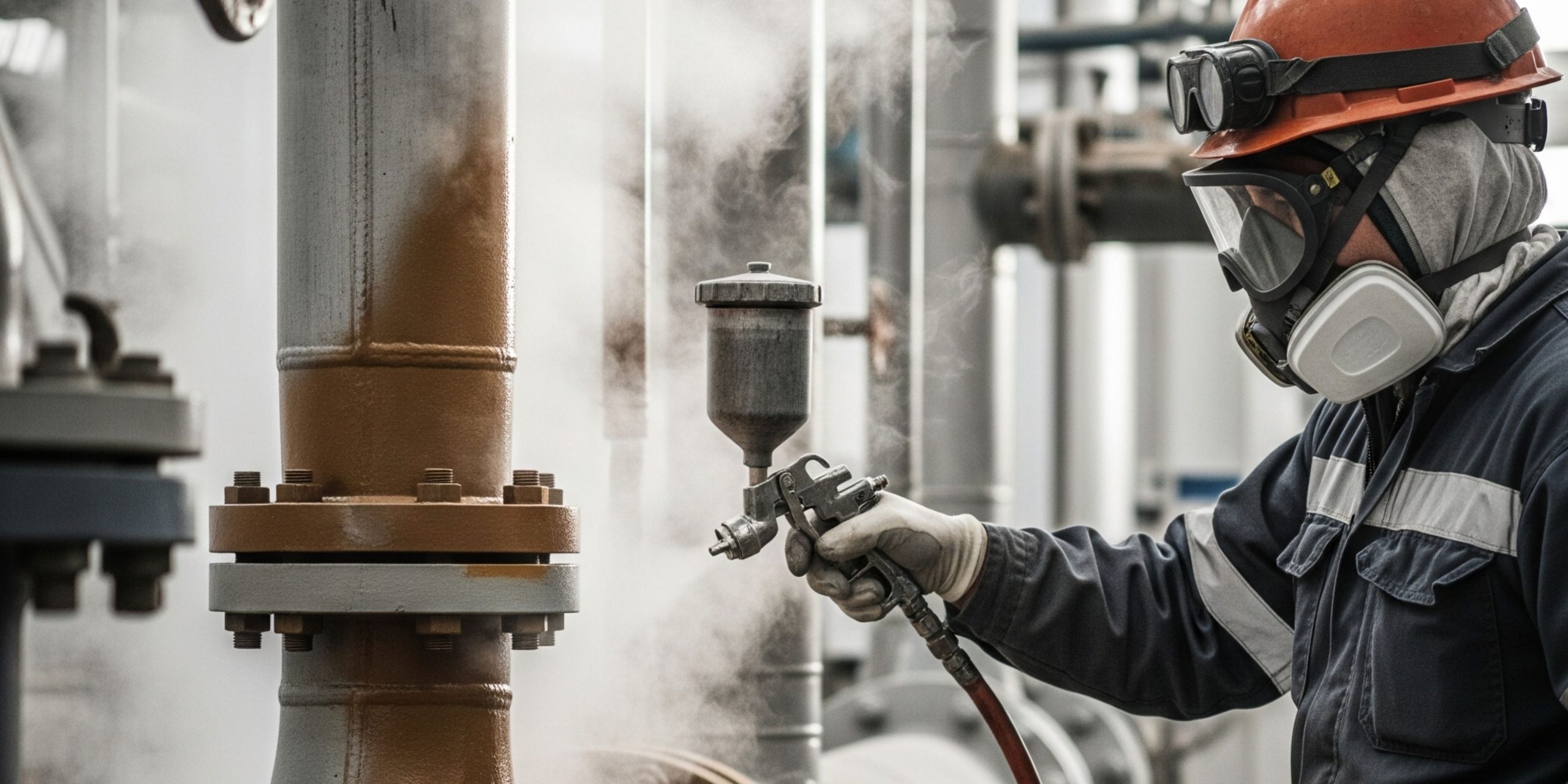 pekerja yang mengaplikasikan cat tahan panas pada pipa industri yang besar, dengan uap panas terlihat di sekitarnya. Fokus pada detail perlindungan dan keamanan.