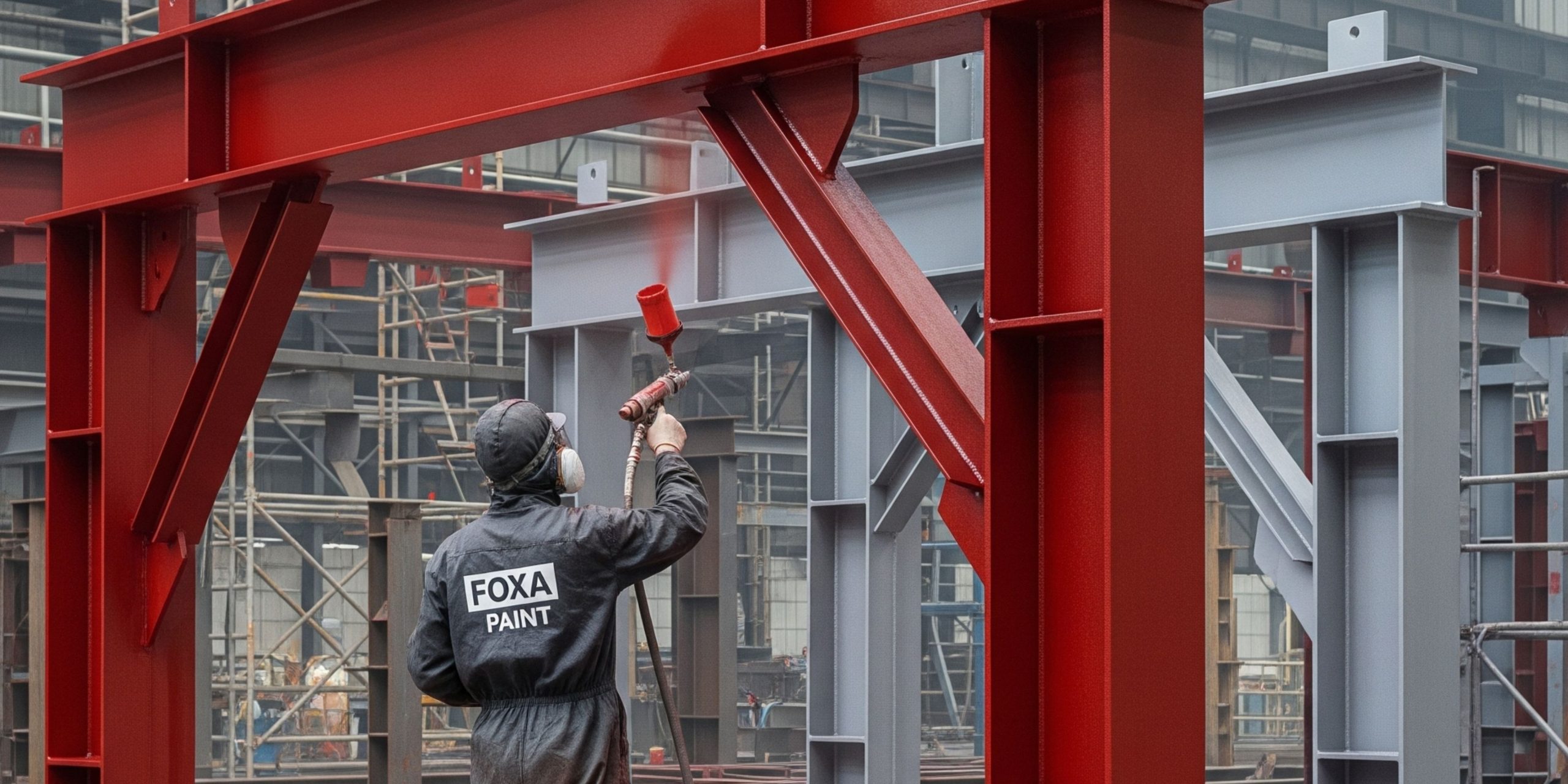 Aplikasi cat pelindung anti karat untuk struktur baja dari FOXA PAINT.
