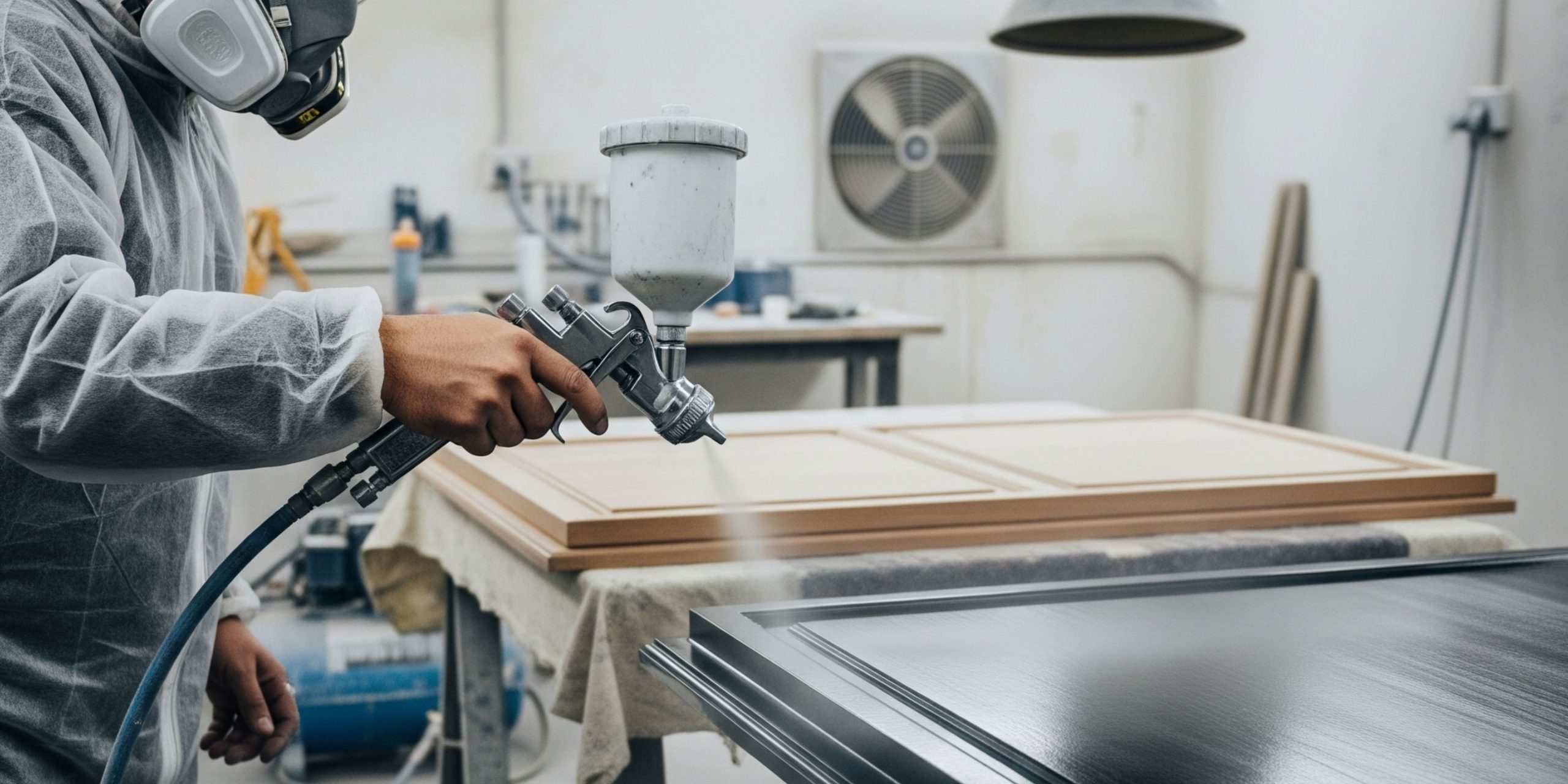 Pekerja profesional sedang menyemprotkan cat duco pada permukaan kayu dengan spray gun.
