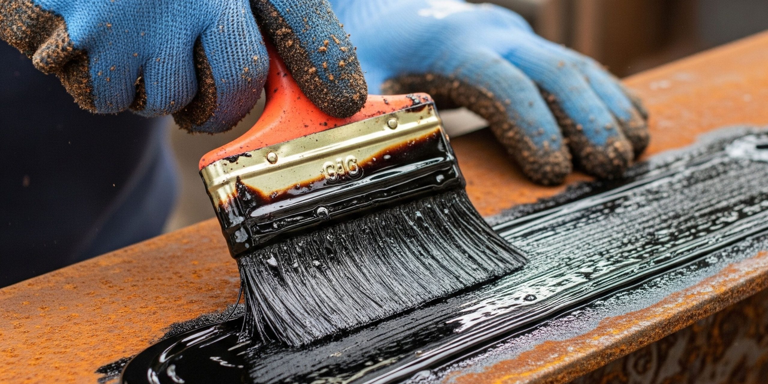 Pekerja mengaplikasikan cat protective coating pada baja karatan untuk mencegah korosi