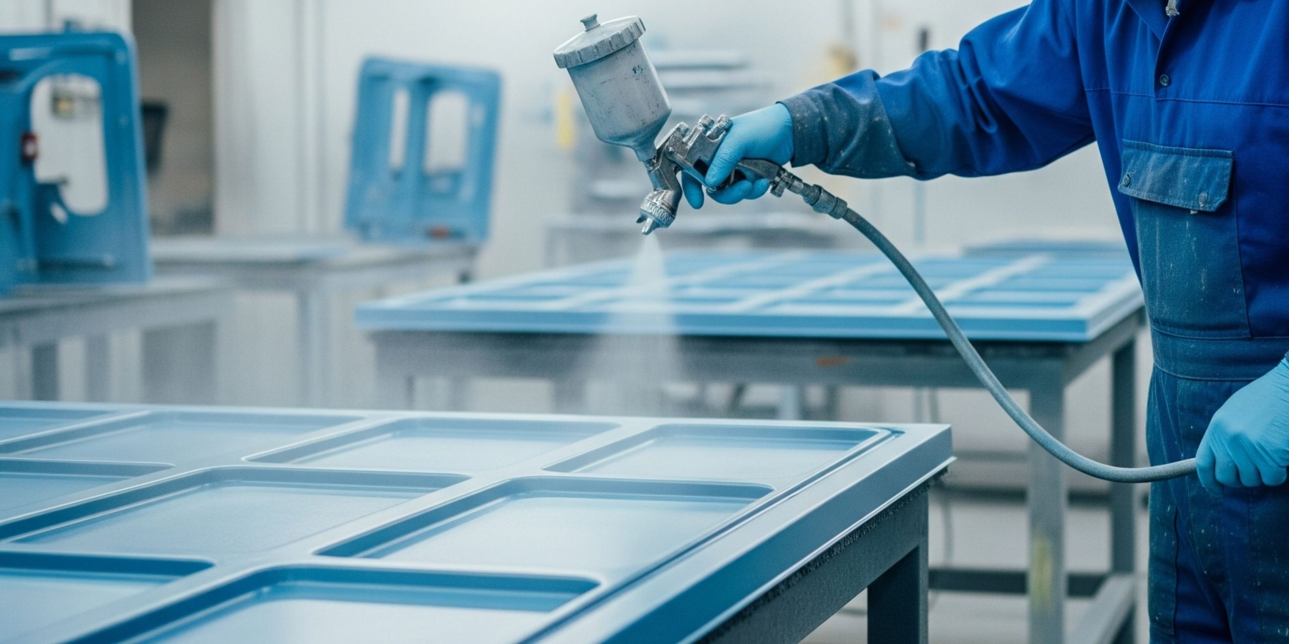 Seorang teknisi profesional mengenakan masker dan sarung tangan, sedang mengaplikasikan cat water based