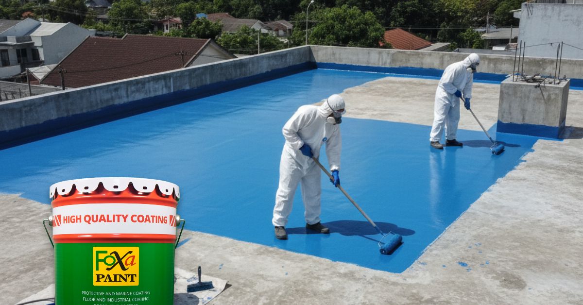 Proses pengecatan atap beton menggunakan cat waterproofing anti bocor FoxaPaint.