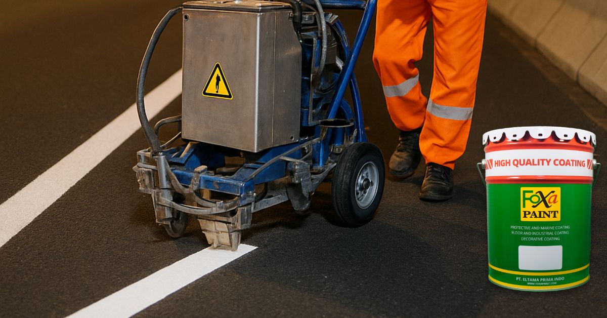 Pekerja menggunakan aplikator khusus untuk mengecat marka jalan cold plastic di jalan tol.