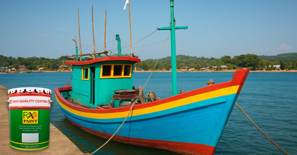 Perahu nelayan kayu berwarna cerah sedang bersandar di dermaga, siap dicat dengan cat kapal nelayan berkualitas