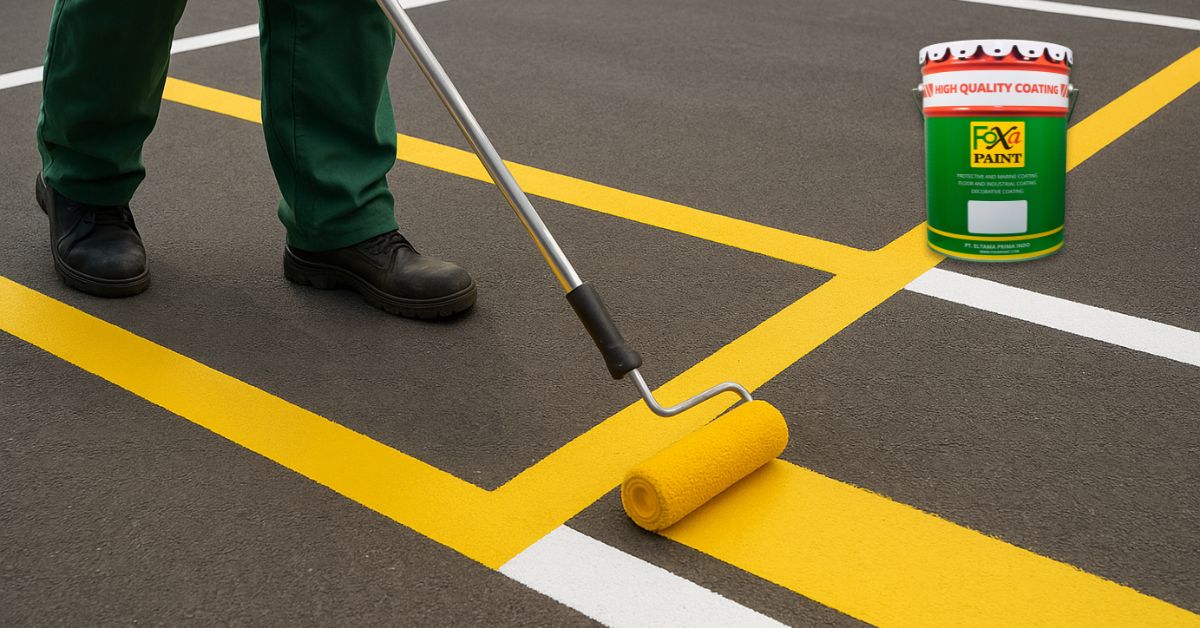 Proses pengecatan lapangan parkir dengan cat epoxy tahan lama berwarna kuning dan putih, menampilkan garis marka parkir yang rapi dan jelas."
