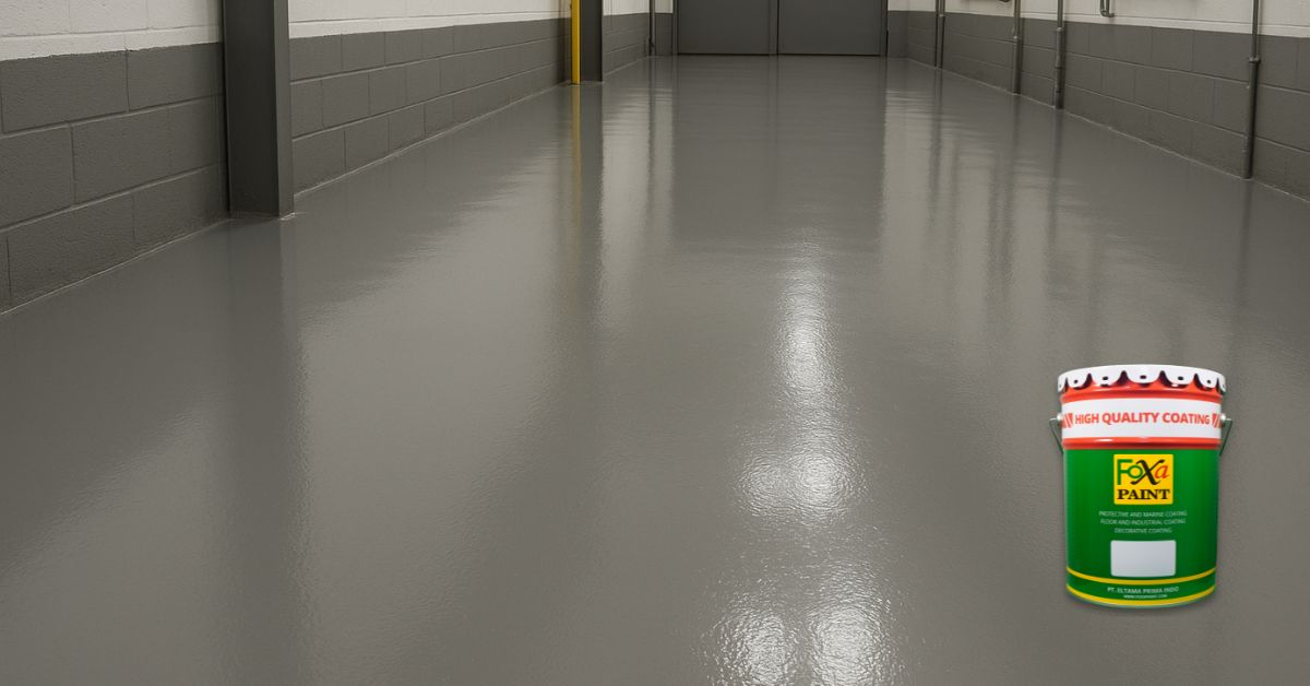 Permukaan lantai industri dilapisi cat epoxy tahan bahan kimia berwarna abu-abu, memberikan perlindungan anti korosi dan anti asam