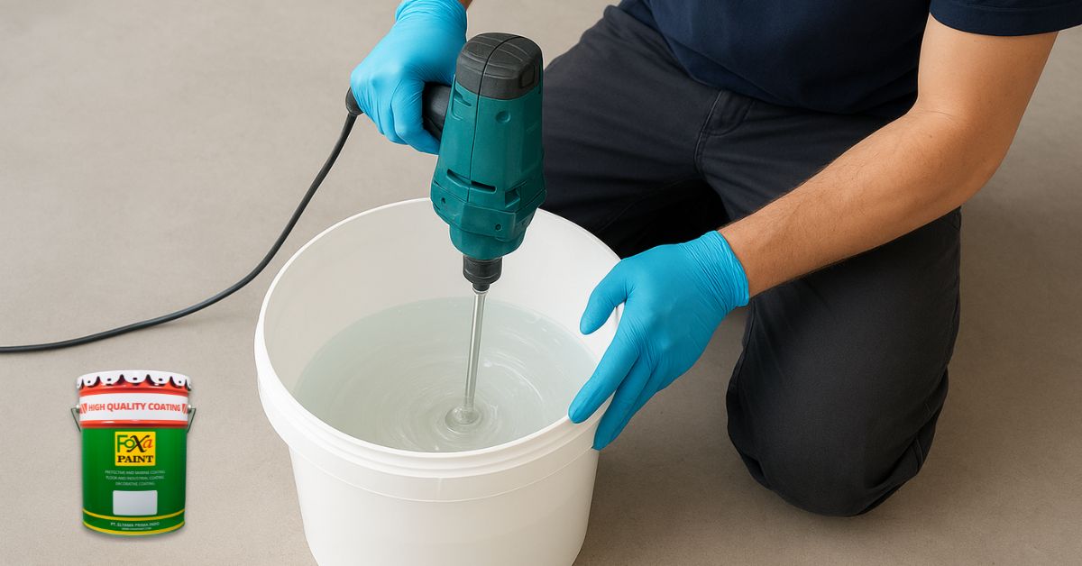 Aplikator profesional sedang mencampur resin dan hardener epoxy lantai dengan rasio tepat menggunakan alat pengaduk elektrik