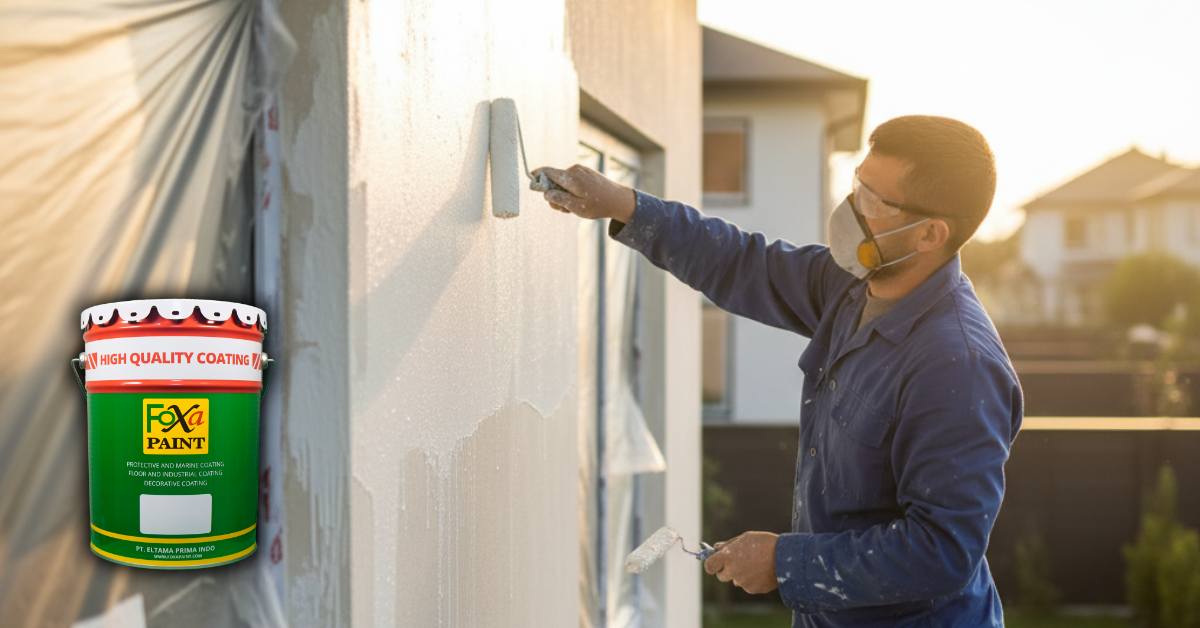 Seorang pekerja sedang mengaplikasikan cat tembok luar rumah pada dinding eksterior yang retak