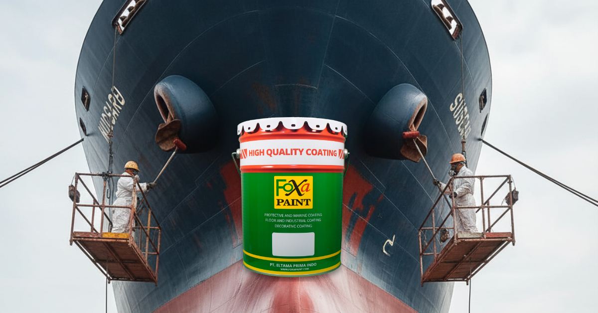Pekerja profesional menggunakan cat anti fouling marine pada lambung kapal kargo