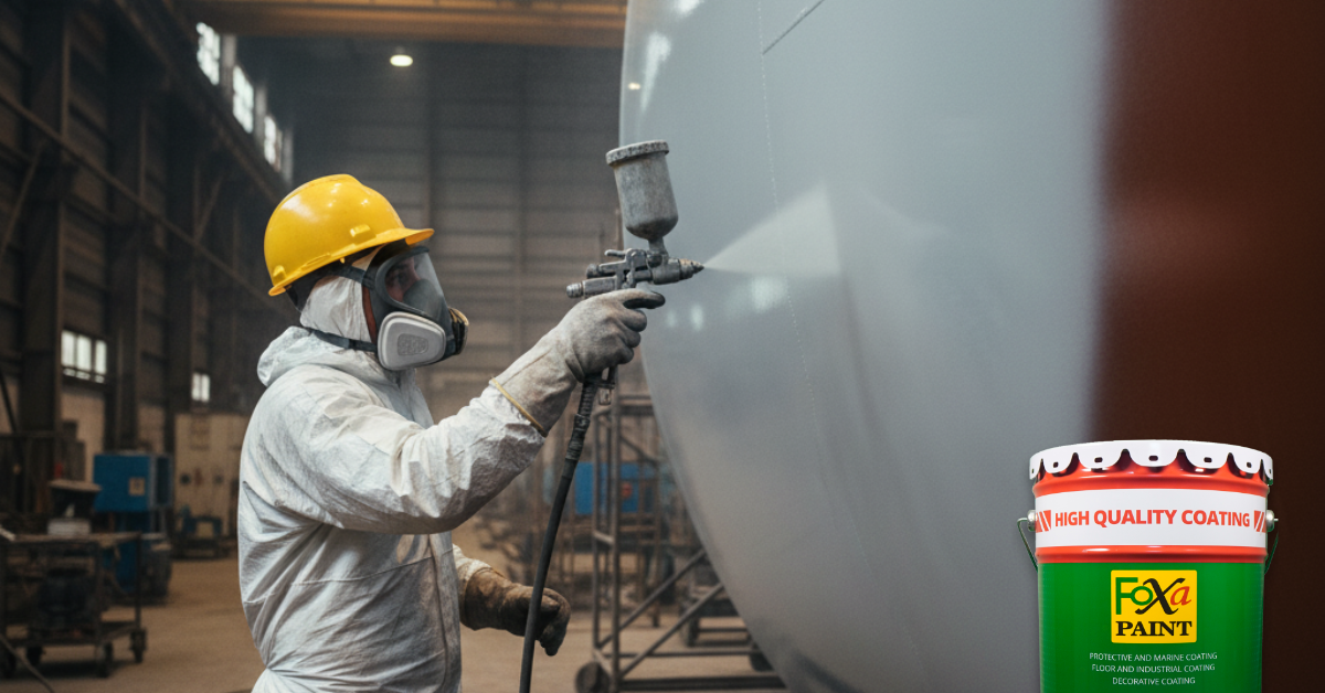 Teknisi sedang mengaplikasikan cat epoxy pada permukaan tangki baja industri untuk perlindungan anti karat dan ketahanan terhadap bahan kimia.