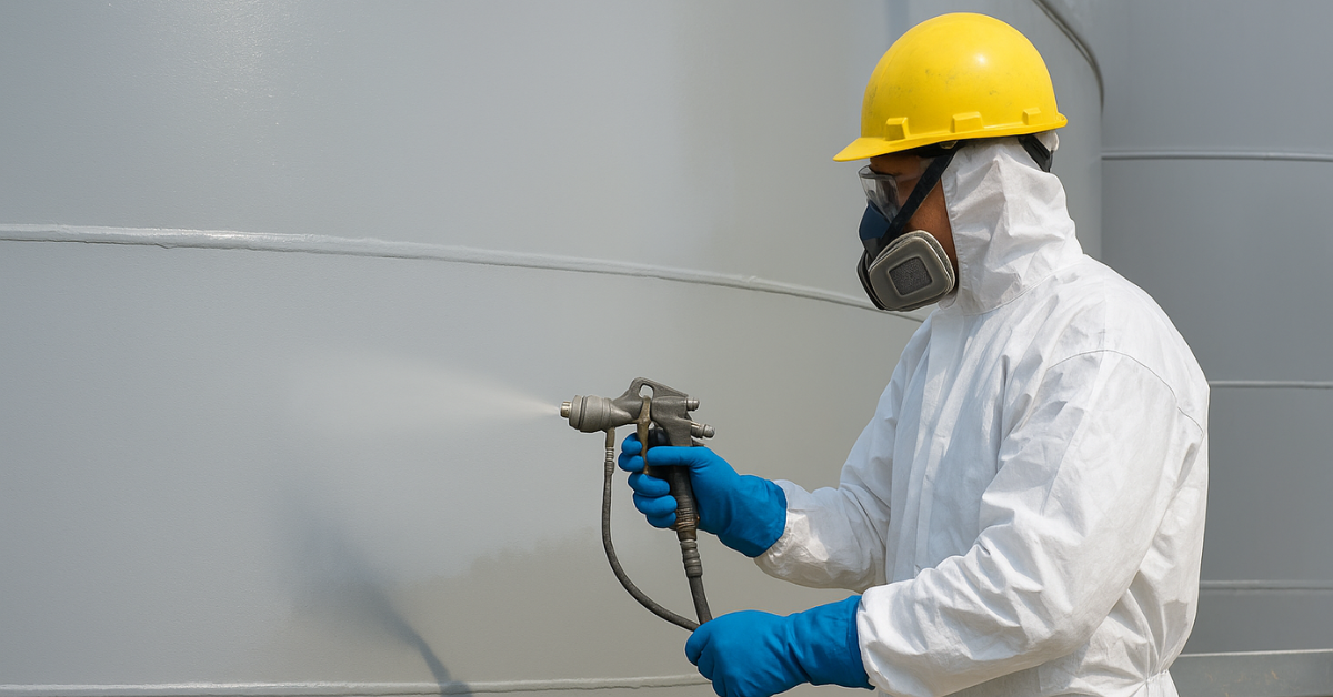 Teknisi sedang mengaplikasikan cat epoxy pada permukaan tangki baja industri untuk perlindungan anti karat dan ketahanan terhadap bahan kimia