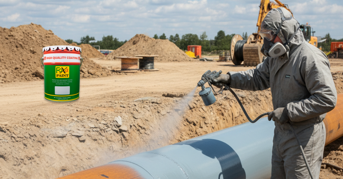 Pekerja sedang mengaplikasikan cat epoxy pada pipa baja bawah tanah menggunakan spray gun untuk perlindungan anti karat