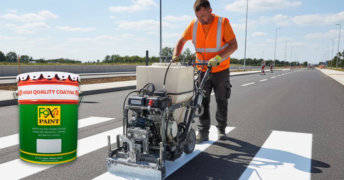 Pekerja sedang mengaplikasikan cat marka zebra cross putih di permukaan jalan menggunakan mesin marka thermoplastic.
