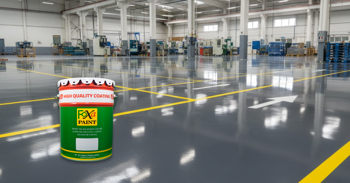 Lantai pabrik terlihat mengkilap, rapi, dan kuat setelah diaplikasikan epoxy dengan campuran hardener berkualitas.