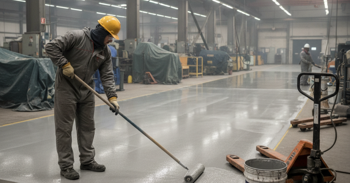 Pekerja sedang mengaplikasikan hardener epoxy pada lantai pabrik 