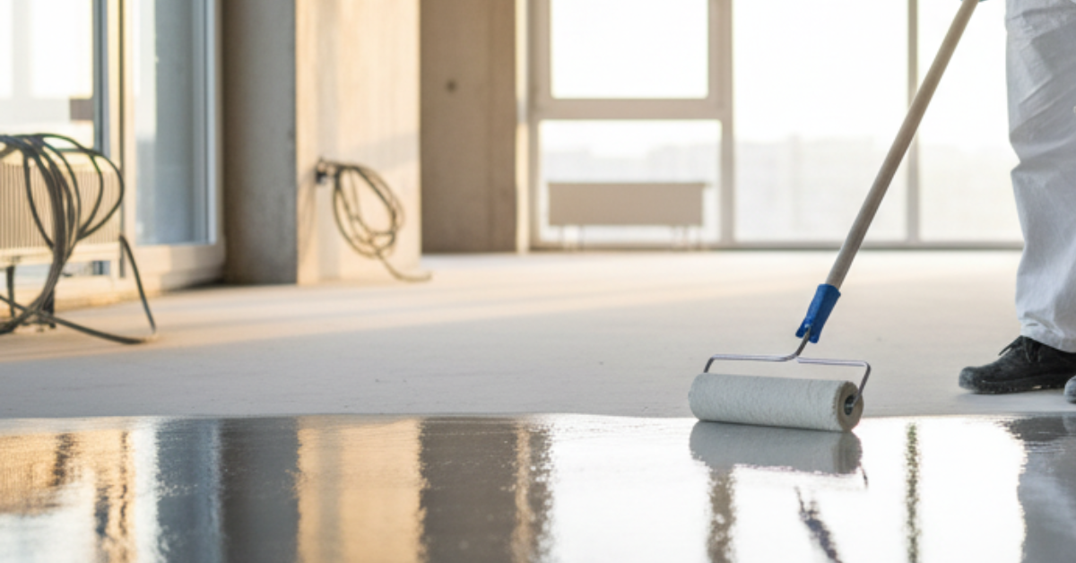 Aplikasi hardener epoxy lantai pada proyek apartemen modern untuk developer properti, menghasilkan permukaan lantai kuat, mengkilap, dan tahan lama.