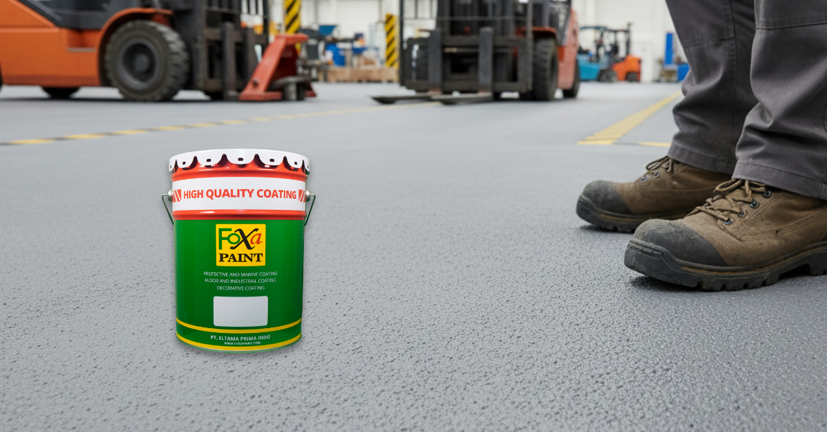 Lantai pabrik tampak kokoh dan aman setelah diaplikasikan hardener epoxy anti-slip, memberikan permukaan tidak licin untuk area produksi industri.