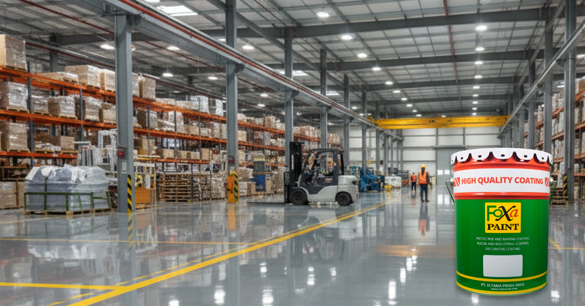 Hasil akhir lantai gudang terlihat mengkilap, rata, dan kuat setelah menggunakan hardener epoxy berkualitas dari distributor terlengkap.