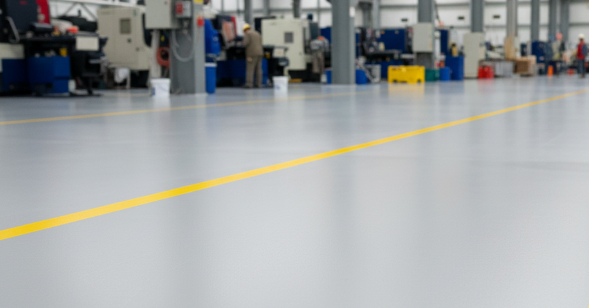 Permukaan lantai pabrik tampak rapi, rata, dan kuat setelah diaplikasikan hardener epoxy standar berkualitas dari distributor terpercaya.