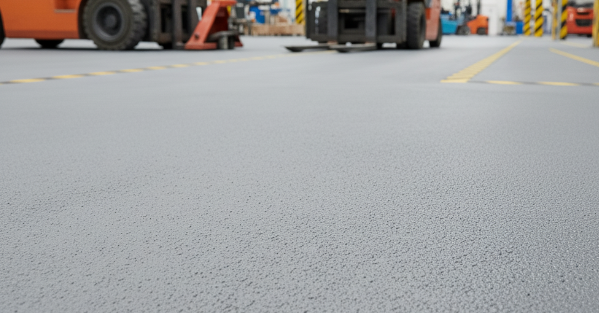 Permukaan lantai epoxy anti-slip tampak rata, kokoh, dan tidak licin setelah aplikasi hardener epoxy.