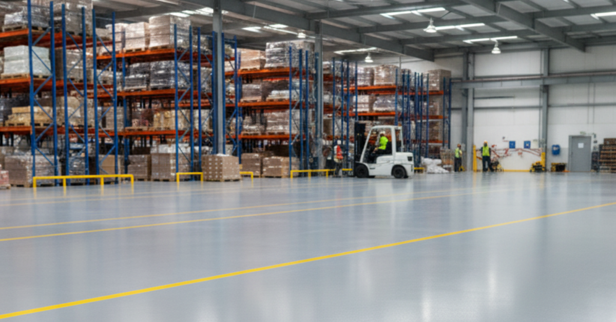 Hasil akhir lantai industri tampak mengkilap, rata, dan kuat setelah menggunakan hardener epoxy berkualitas dari supplier terpercaya.